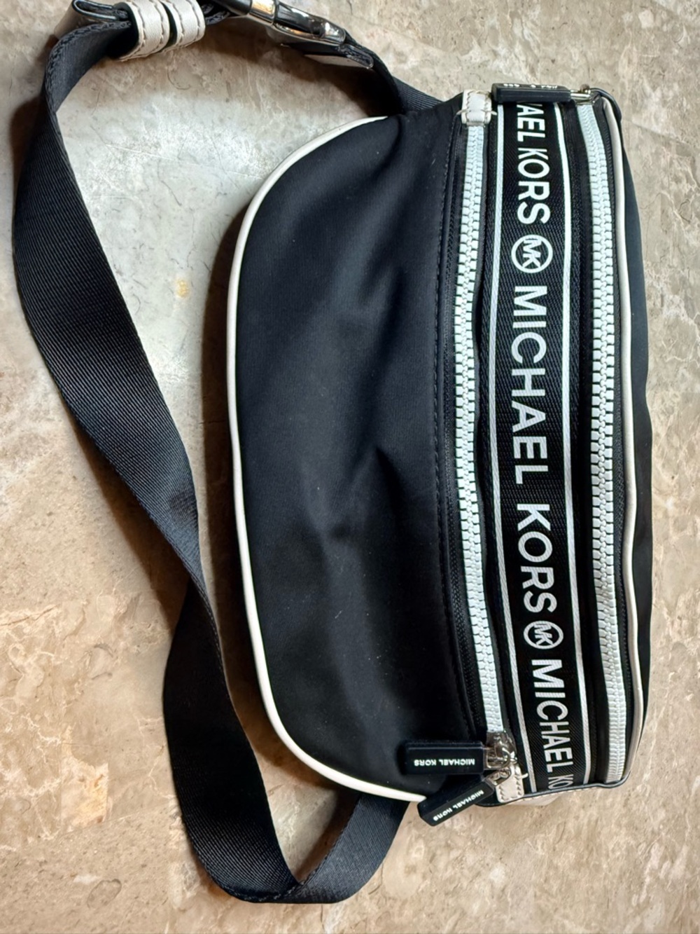 Michael Kors Black Nylon Logo leather Trim Belt Bag with White Piping